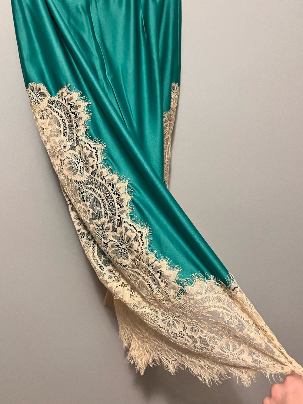 NWT🎉 Anthropologie Teal Satin Midi Skirt with Cream Lace Hem - Picture 13 of 16